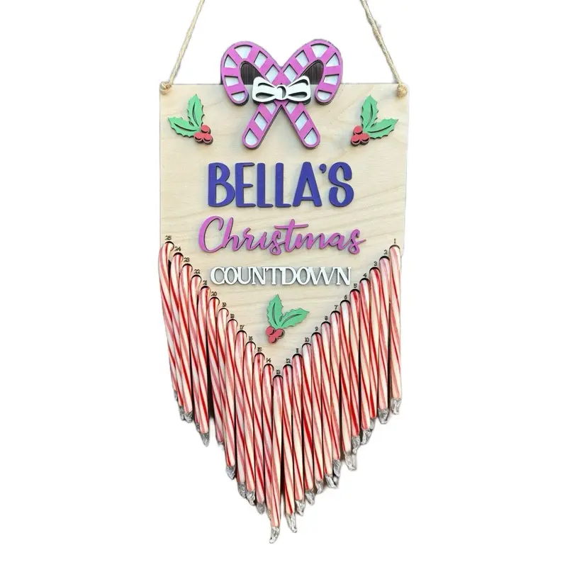 Personalized Wooden Candy Cane Countdown to Christmas Gift Farmhouse Decor with Laser Engraved Names & Dates for Kids & Grandkids