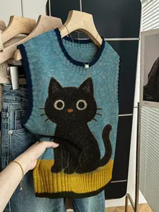 Women's Fitted Knit Top, Cartoon Pattern Design, Casual Style, Blue Color, Perfect for Spring & Fall, Daily Wear, Knitwear