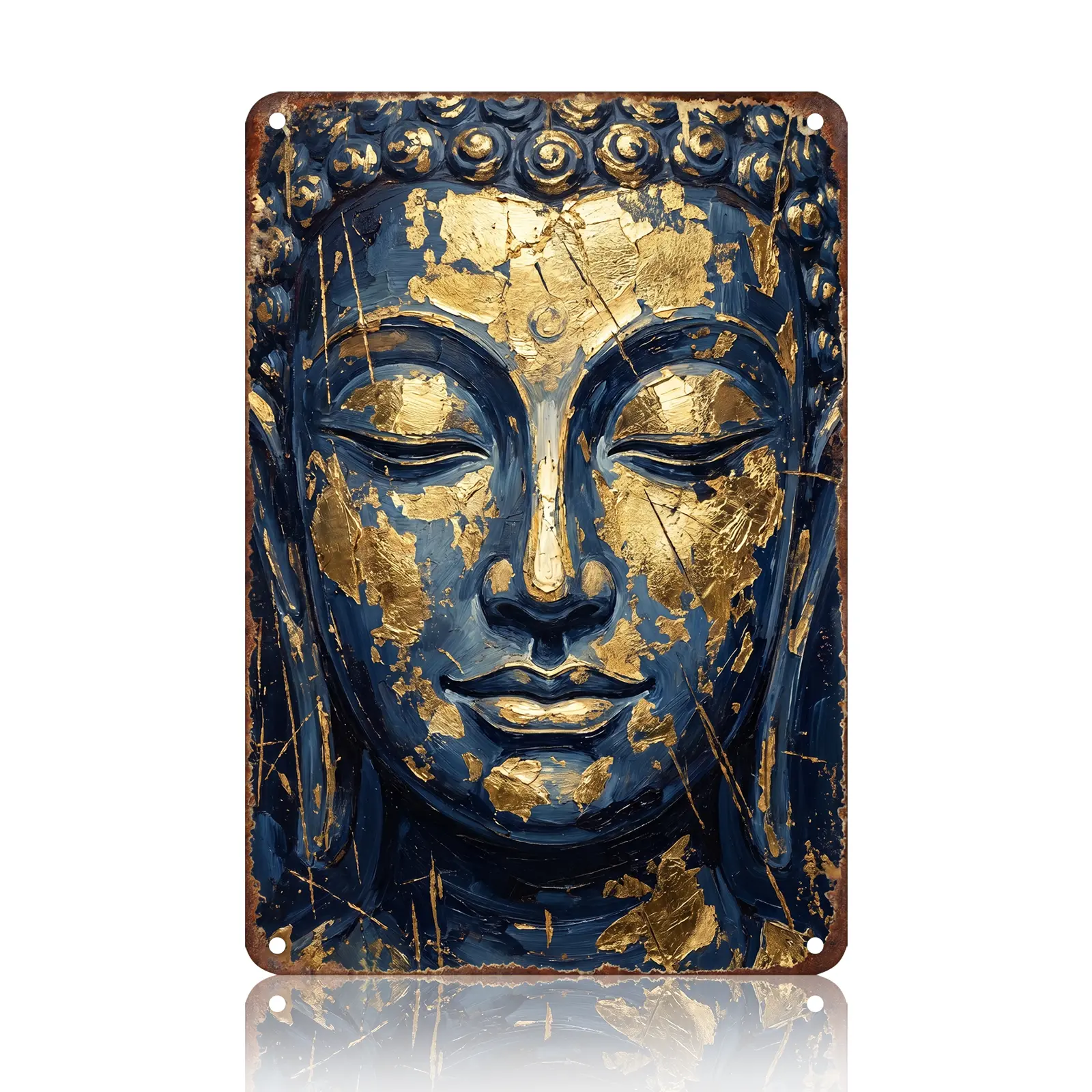 【Summer Sale Deals】CASINIS Artistic Buddha Face Metal Sign - HD Printed Blue and Gold Zen Wall Art Plaque, Waterproof Durable, Easy-to-Hang, Blue-Themed Modern Home Signs for Living Room, Meditation Room, 8x12in (20x30cm), Blue-Themed Home Signs