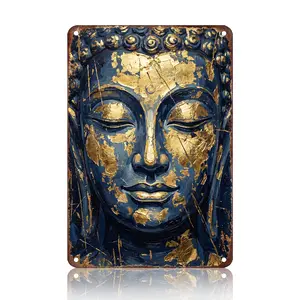 Luhery Artistic Buddha Face Metal Sign - HD Printed Blue and Gold Zen Wall Art, Waterproof Durable Metal Plaque, Easy-to-Hang Modern Spiritual Vintage Home Decor for Living Room, Meditation Room, 8x12in (20x30cm)