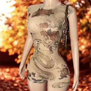 Mesh Bodycon Jumpsuit - Sleeveless Collarless Design with Dragon & Floral Embroidery