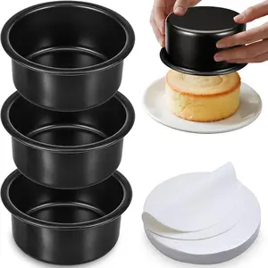 4inch Cake Pan 3-Piece Set, Non-Stick Crushed Cake Pan, Comes with 100 Sheets of Baking Paper, Suitable for Christmas and Birthdays, Round Mini Cake Pan, Suitable for Baking Layer Cakes and Small Cheesecakes, Straight Edges and Dishwasher Safe