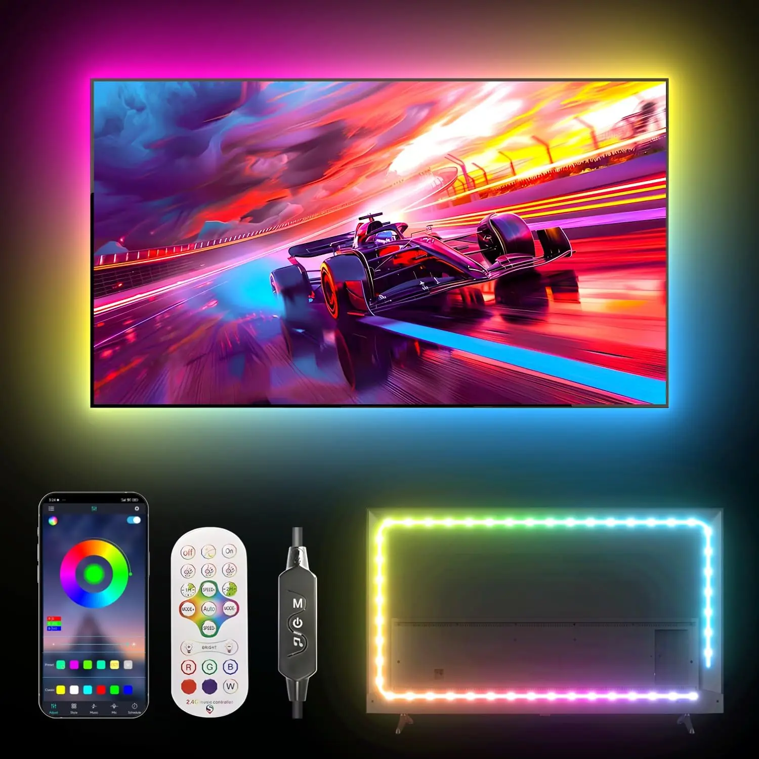 TV LED Backlight, RGB TV Backlight for 60-70 inch TVs,Smart APP Remote Control, Music Sync Color Changing Strip Lights，for Bedroom Gaming (USB Without Adapter)