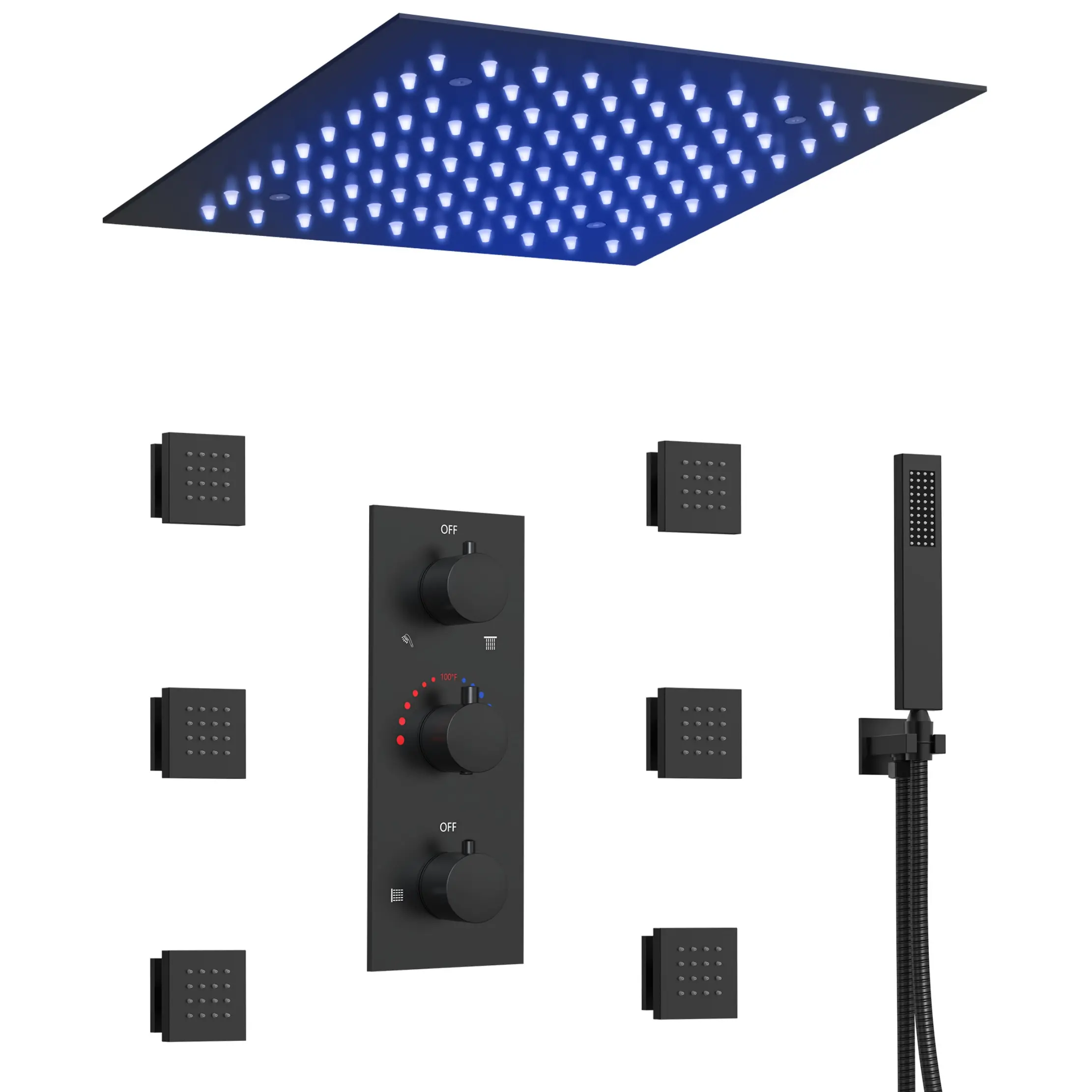 12" Luxury LED Thermostatic Shower System,LED Shower Head Rain High Pressure Shower System with Thermostatic Faucet Valve,6 Body Jets,Handheld Sprayer,5-Spray Patterns,2.5 GPM