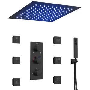 12" Luxury LED Thermostatic Shower System,LED Shower Head Rain High Pressure Shower System with Thermostatic Faucet Valve,6 Body Jets,Handheld Sprayer,5-Spray Patterns,2.5 GPM