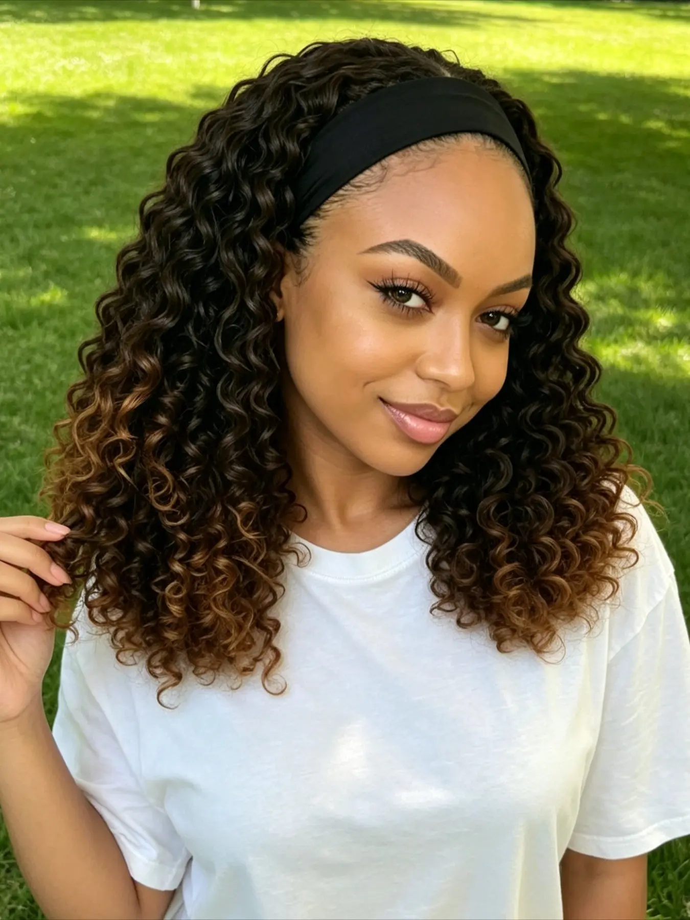 Short Curly Headband Wig 14 Inch Deep Wave Ombre Brown Glueless Curled Synthetic Wig for Black Women with Headband Attached, Black Woman Wigs #headbandwig #curlywig #deepwave #ombrebrown #gluelesswigs