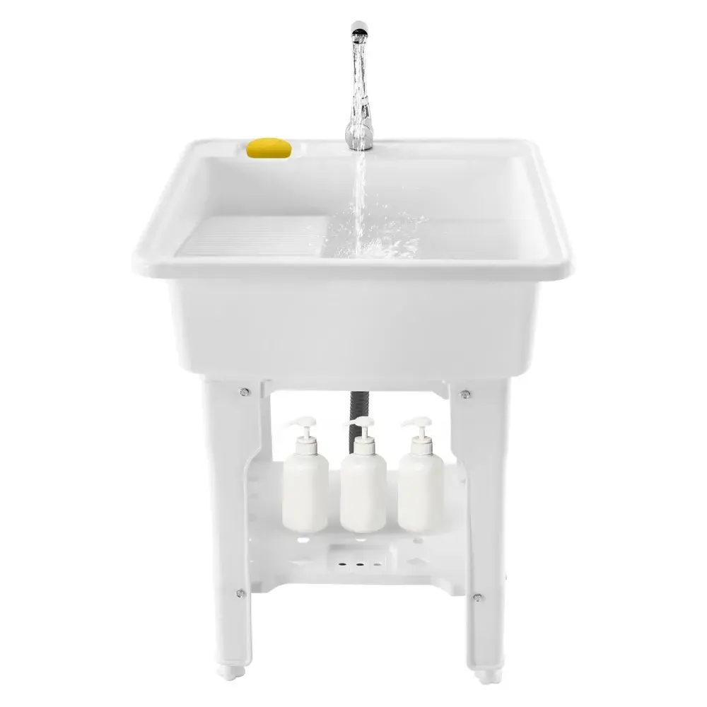 25.6" Freestanding Plastic Laundry Sink with Washboard Indoor and Outdoor Utility Sink with Cold and Hot Water Faucet Hoses and Drain Kit
