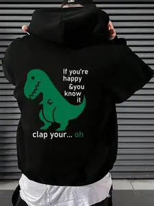 Men's Cartoon Dinosaur & Letter Print Drop Shoulder Hoodie, Fashion Casual Loose Drawstring Pocket Hooded Sweatshirt for Daily Holiday Outdoor Wear, Men Clothes for Spring & Fall, Mens Clothing