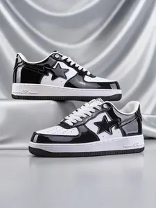 Vintage Wine Colorblock Sneakers, Cartoon Smiley Star Decorations, Unisex Trendy Casual Sports Shoes, Comfortable All-Day Wear