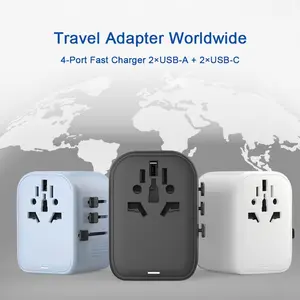 Travel Adapter Worldwide, GaN International Travel Adapter 4-Port Fast Charge (2USB-A+2Type-C) - Compatible with EU/UK/US/AU/JP/IN/Bali 180+ Countries - Works with Phone/Camera/Tablet - Foldable Plug Design
