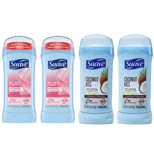 Pack-4 Unilever Suave Antiperspirant Deodorant, Powder & Coconut Kiss Anti-Staining Invisible Solid 2.6oz Comfort & Cleanser