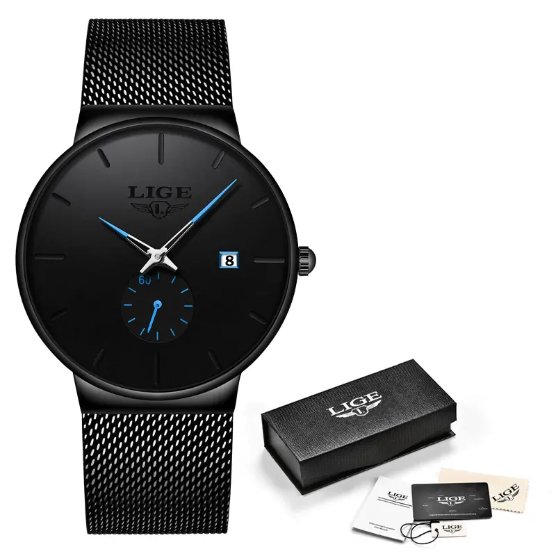 Black Dial Blue Hands Steel Mesh Strap