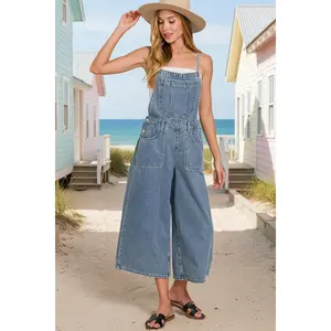 Zenana Washed Wide Leg Denim Overalls