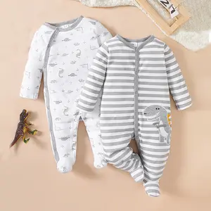 2-piece baby long-sleeved one-piece set, cotton baby boy clothing, basic style cartoon animal stripes, essential items for newborn clothing, hospital birth supplies
