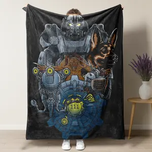Fallout Vault 111 Throw Blanket - Power Armor, Dogmeat & Deathclaw Collage Fleece Blanket - Vintage Fallout Gaming Themed Soft Cozy Throw, Perfect for Fans, Couch, Bed, and Gifts