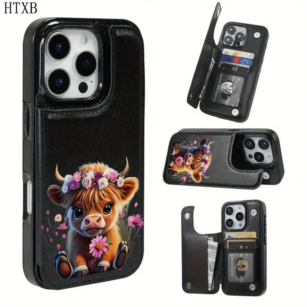 Cute Floral Cow Wallet Card Holder Phone Case for iPhone 17/16/15/14/13/12 Pro/Plus/Pro Max/Air PU Leather Shockproof Protection Flip Wallet Card Slots Cash Holder