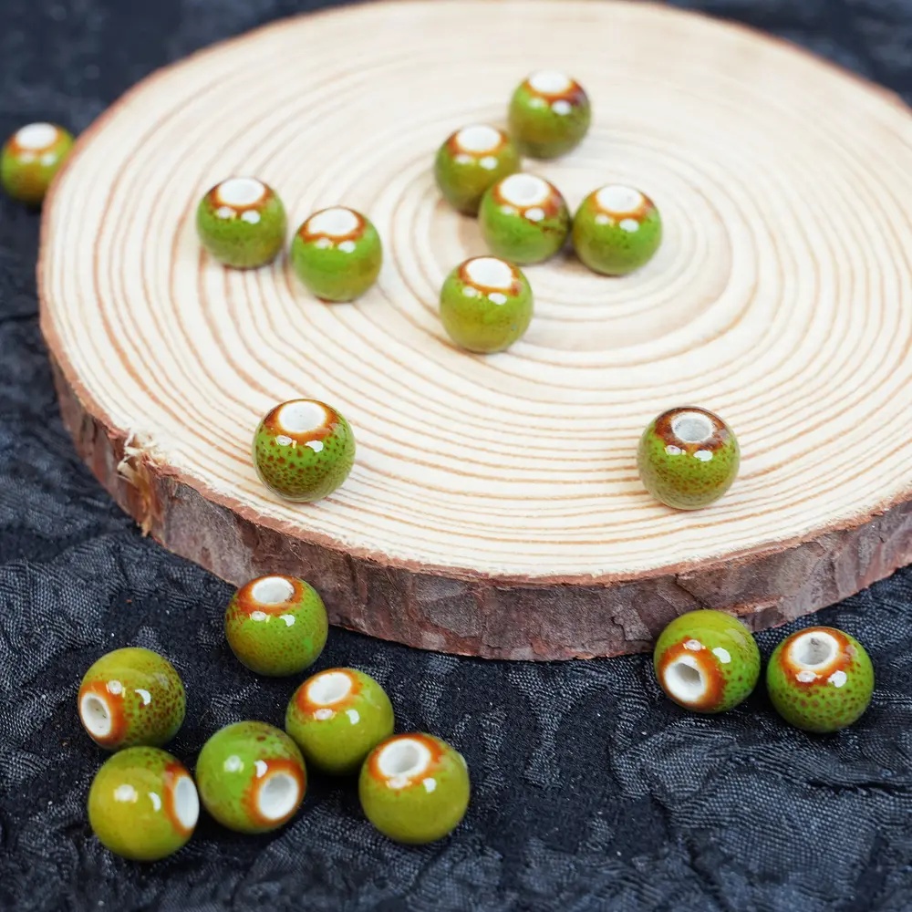 LUMAWU Handmade Glazed Porcelain Beads, 8mm 30 Pcs High-Temp Glossy Finish, Water-Drop-Resistant Mild Flower Glaze, Leopard Green Tone for DIY Beads Making, Charms Making, DIY Projects Enthusiasts