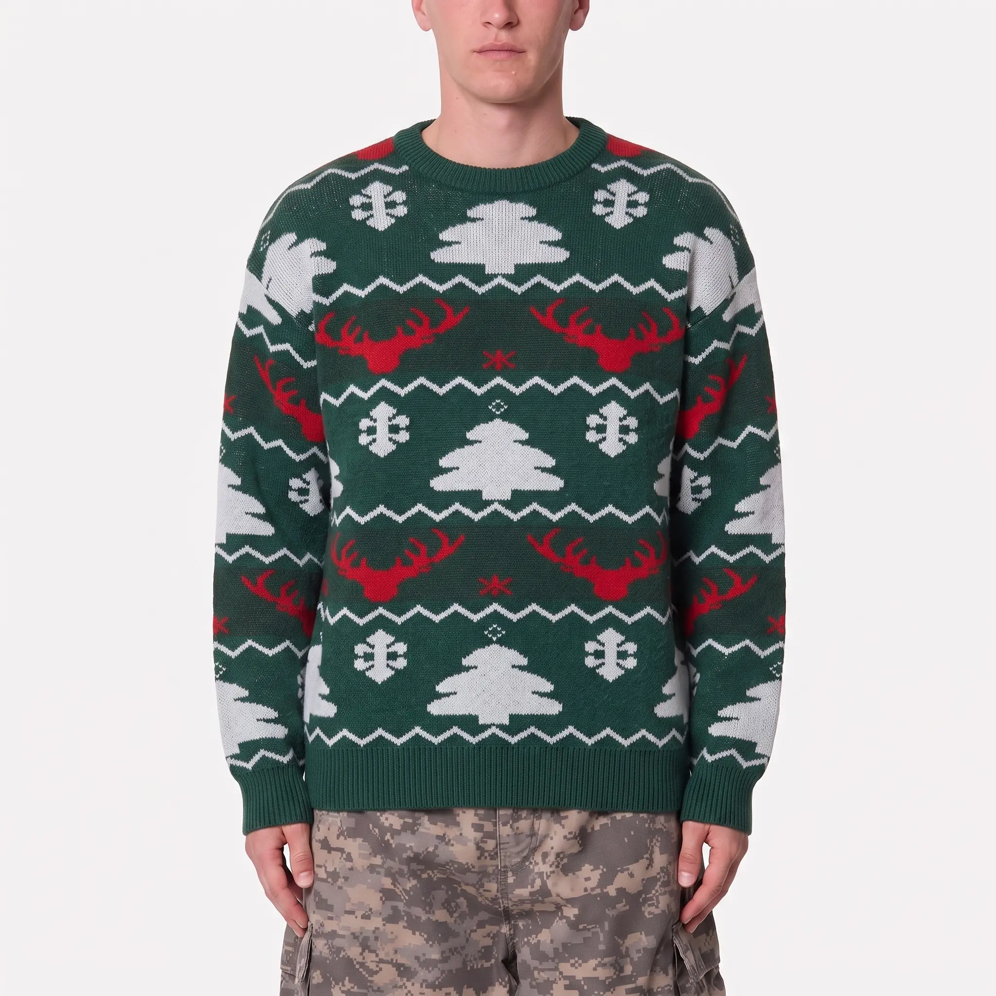 Men’s Ugly Christmas Sweater, green jacquard knit pullover with reindeer, Christmas tree, and snowflake patterns, oversized crew neck, winter holiday jumper—Christmas-themed knitted sweater suitable for wearing yourself or gifting friends and family.