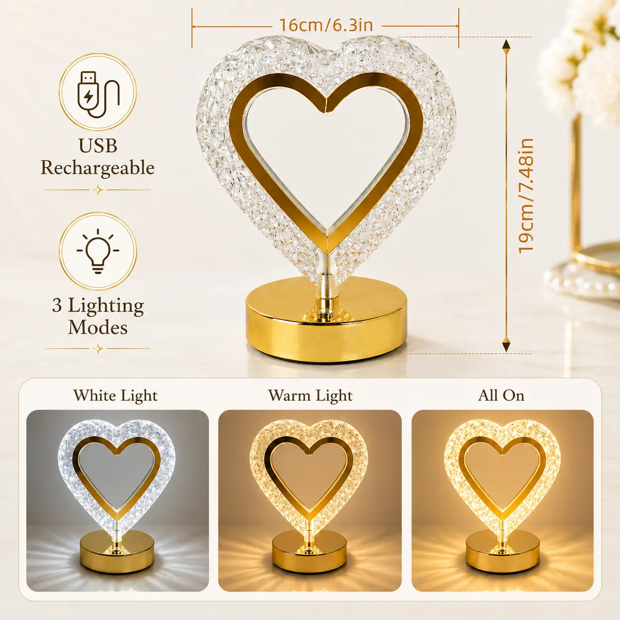 Luxury Gold Crystal Table Lamp, 8 Shapes Diamond Acrylic LED Night Light, Touch Control Modern Minimalist Decor Lamp for Bedroom Living Room Wedding Desktop Ambient Lighting