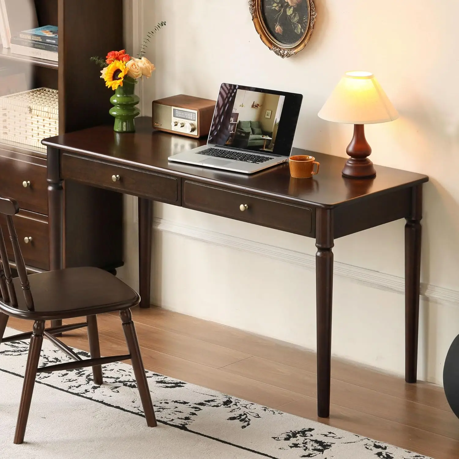 YESWOOD Solid Wood Computer Desk, Vintage Mid-Century Modern Home Office Desk Drawers, Writing Desk with Carved Legs for Study & Work