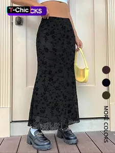 Women's Floral Print Fish Tail Hem Maxi Skirt, Casual Fitted Long Skirt, Casual Comfy Skirt, Plain Pattern Design, Perfect for Daily Wear & Stylish, Casual Skirts