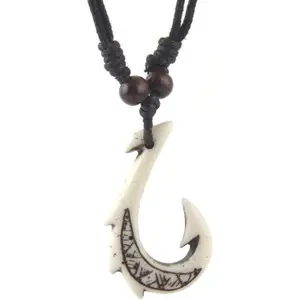 Hawaiian Fish Hook Pendant  Cord Chain - Maori Tribal Necklace