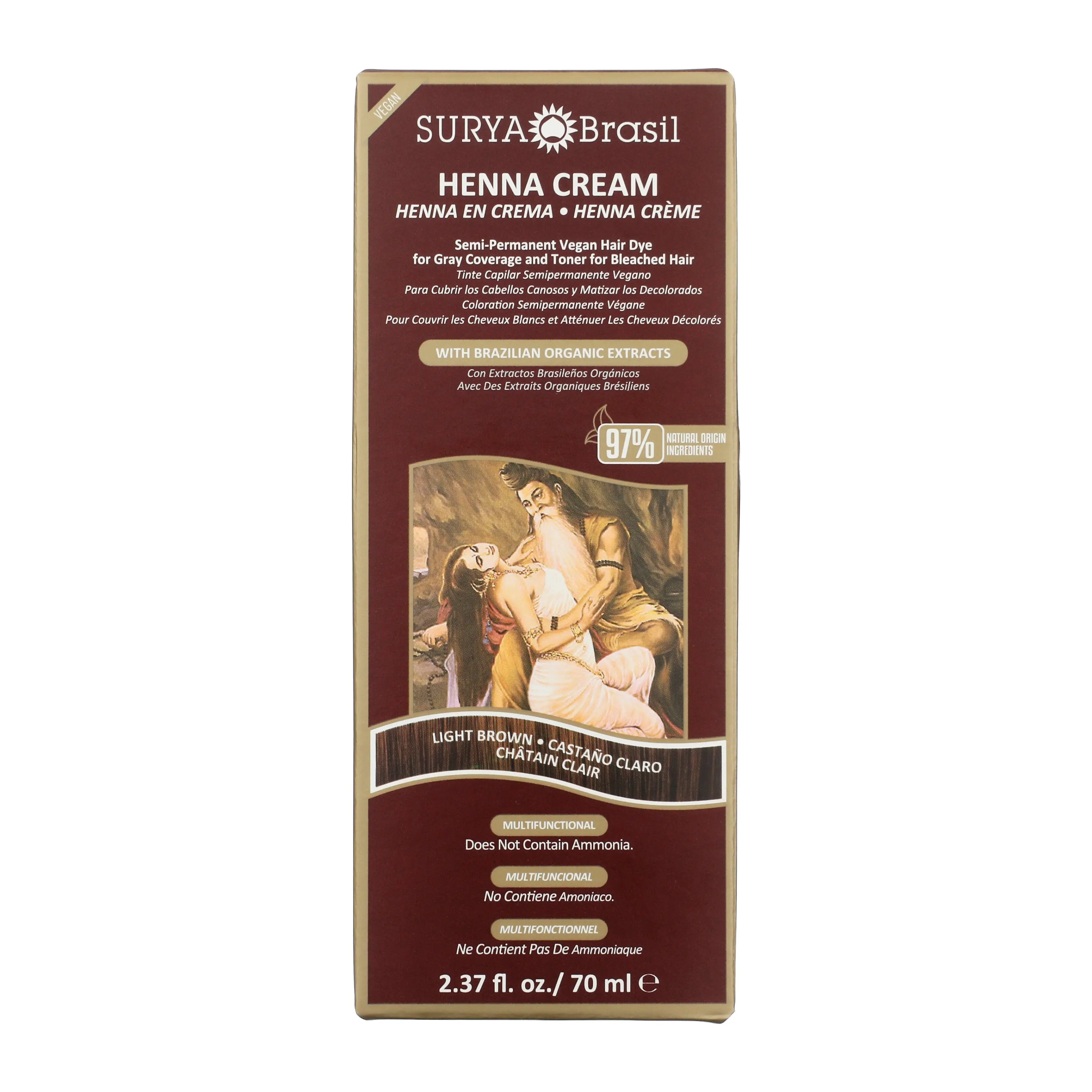 Surya Brasil Henna Cream Light Brown - 97% Natural Ingredients, Vegan, Cruelty-Free, Eco-Friendly, Semi-Permanent Hair Color, Deep Hydration & Shine, 2.37 oz
