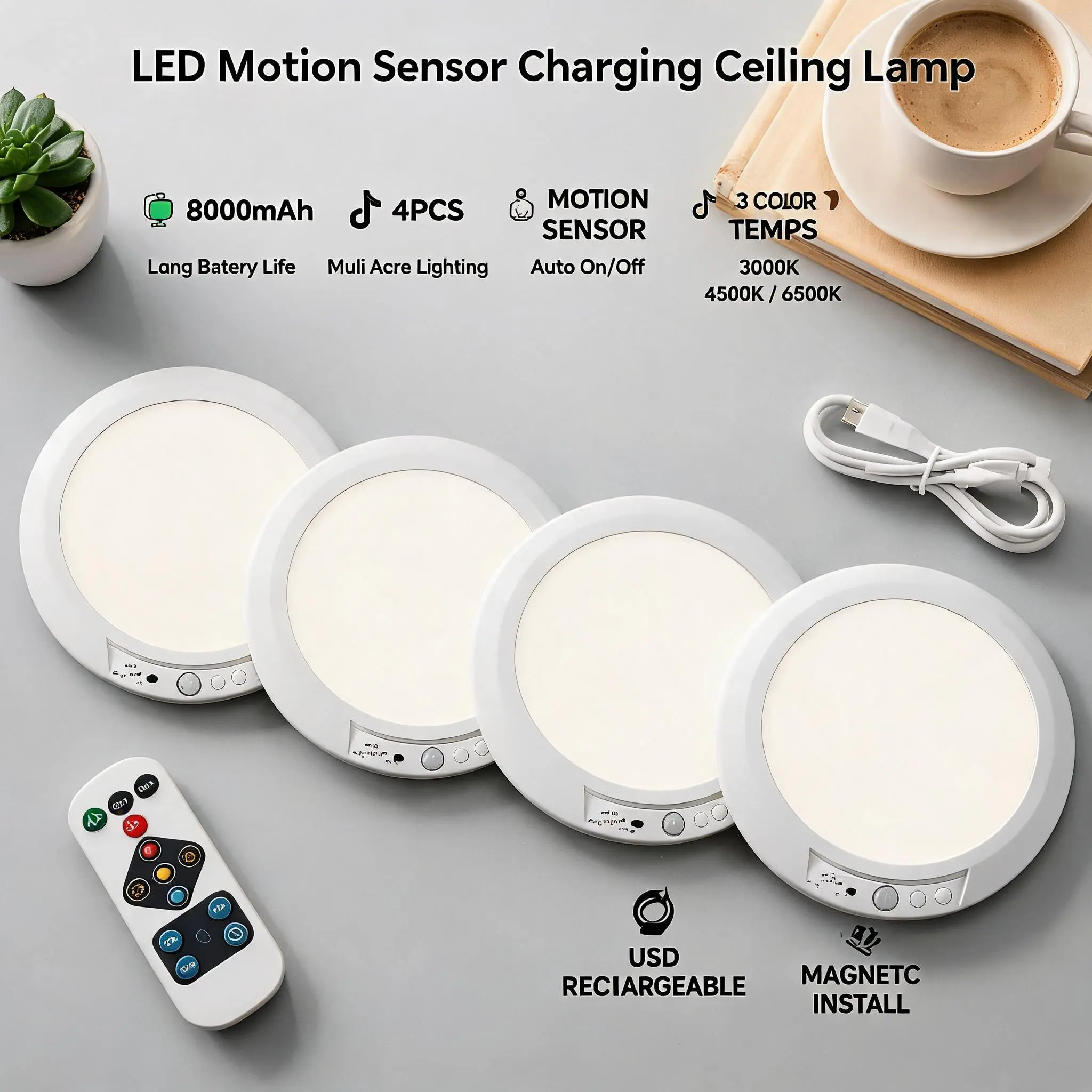 Rechargeable ceiling lights available in packs of 1, 2, or 4; 3 color modes; motion sensor with remote control; magnetic installation requiring no wiring; built-in high-capacity battery; ideal for rental properties, shower stalls, closets, pantries, tool
