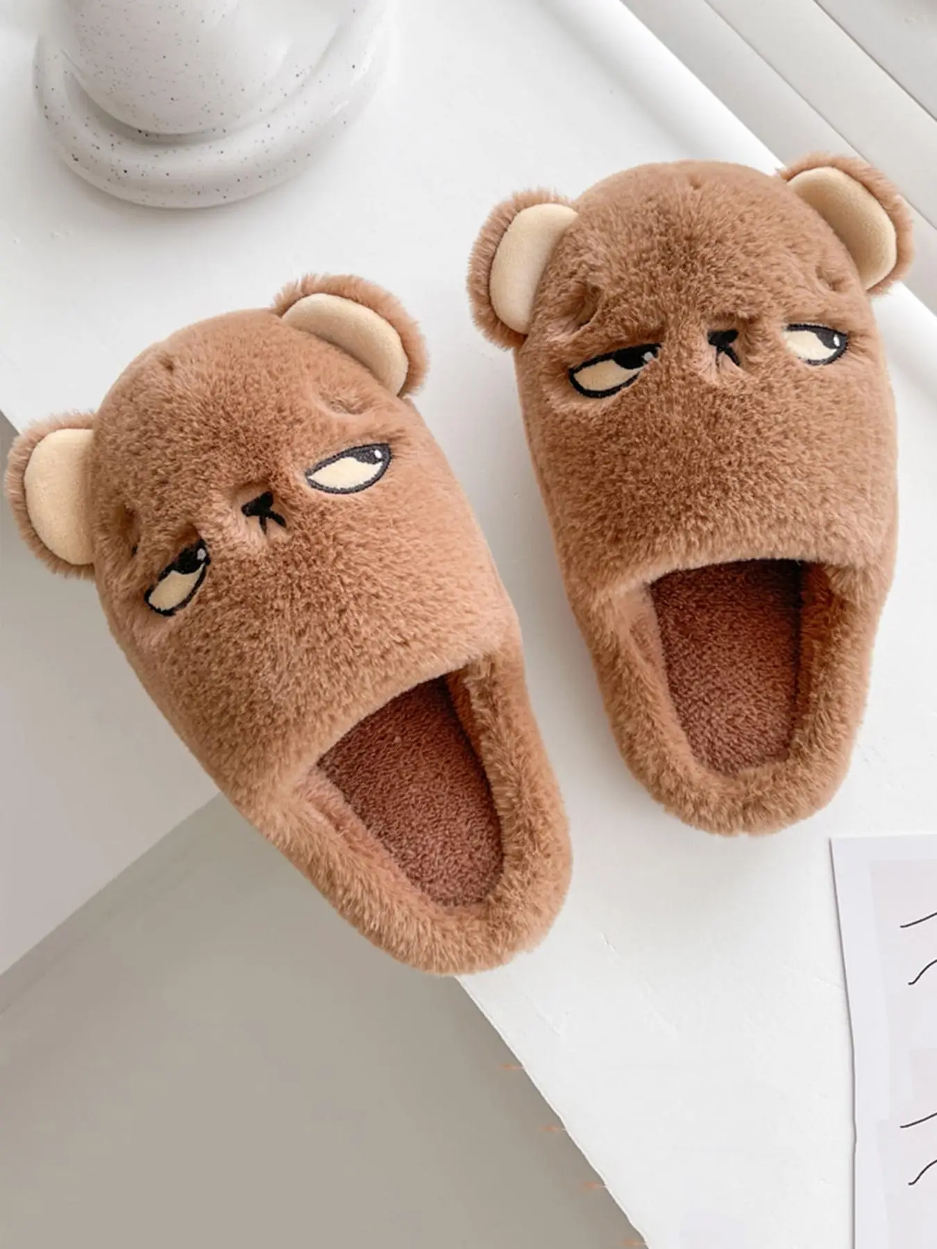 Men's Cute Cartoon Bear Design Plush Slippers, Warm & Cozy Soft Bedroom Slippers, Fashion Men's Slippers for Fall & Winter Wear, Boy's Comfort Walking