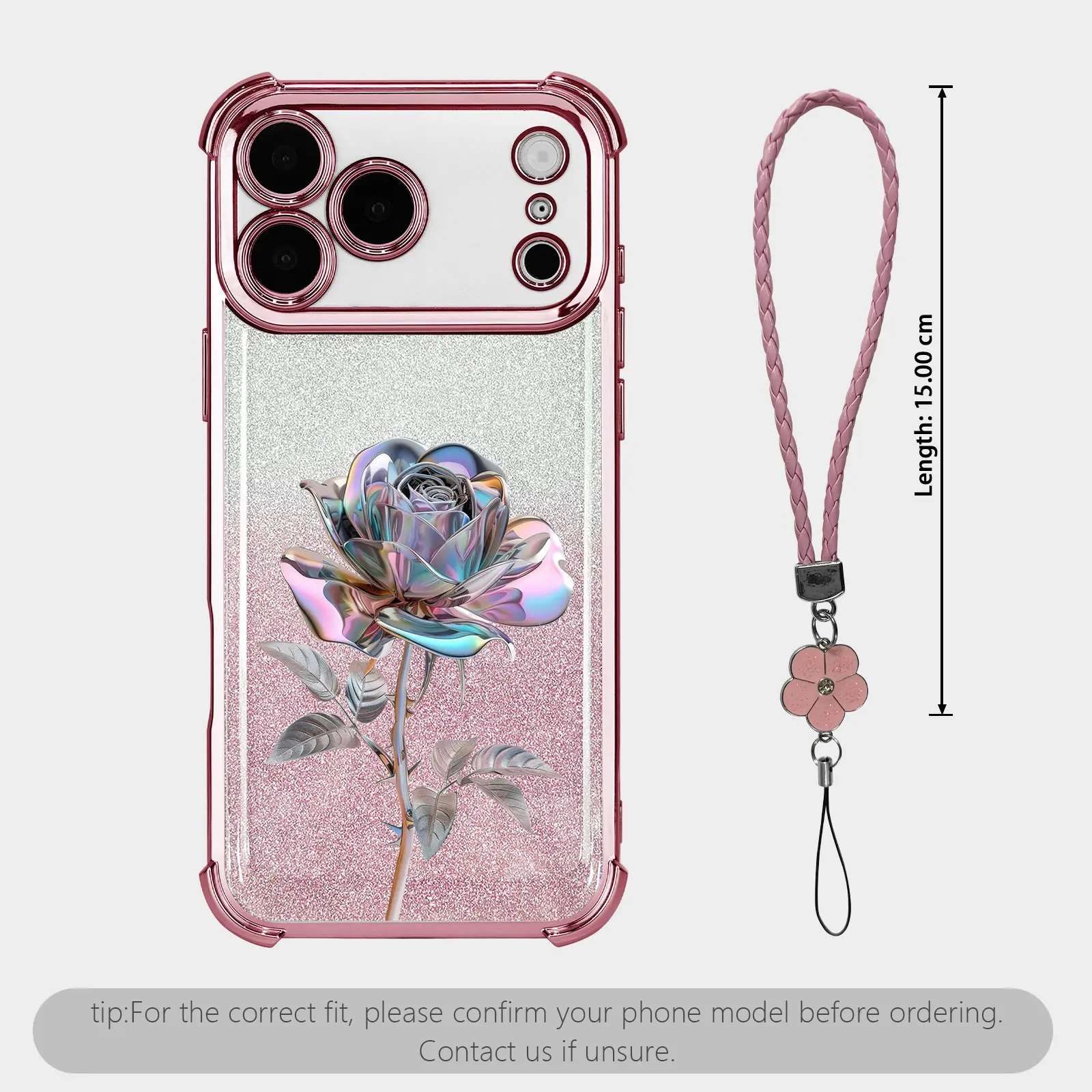 Aesthetic Metal Rose-Patterned Four Corner Anti-Fall Phone case for iPhone Samsung Galaxy 17Pro Max Air 16Plus 15 14 13 12 11 XR XS S25 S24 S23 S22 cases, Transparent cover, Non-Yellowing, Shockproof Soft silicone, Women's Phone Cases.JL65