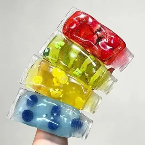 [2 Pcs] Cute Squeeze Jam Bottle Squishy Fidget Toys - Soft Sensory Stress Relief Toy with Fruit Charms - Slow Rising TPR Squeeze Toys for Kids & Adults