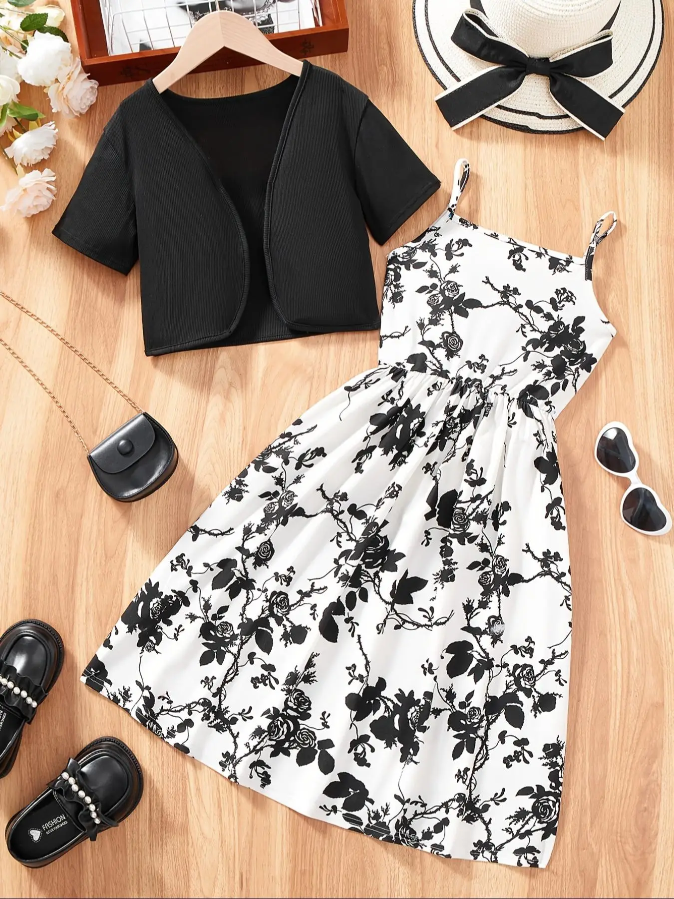 Two-piece Set Girls' Plain Open Front Outerwear & Floral Pattern Cami Dress Set, Cute Elegant Sleeveless Dress & Short Sleeve Outerwear, Summer Clothe