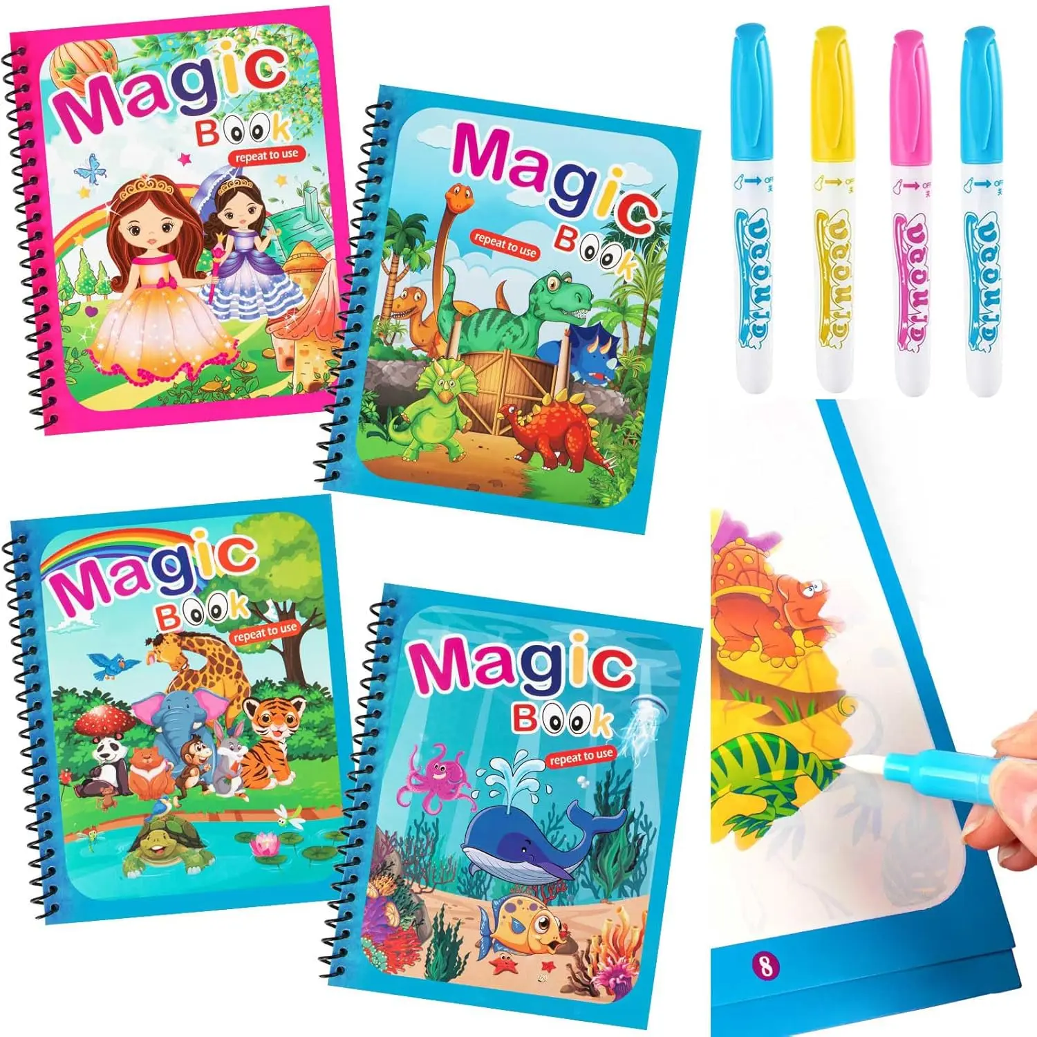 4 Pack Water Coloring Books, Reusable Water Painting Book Unicorn Dinosaur Animal Ocean Painting for Toddlers Educational Learning Kits Gifts