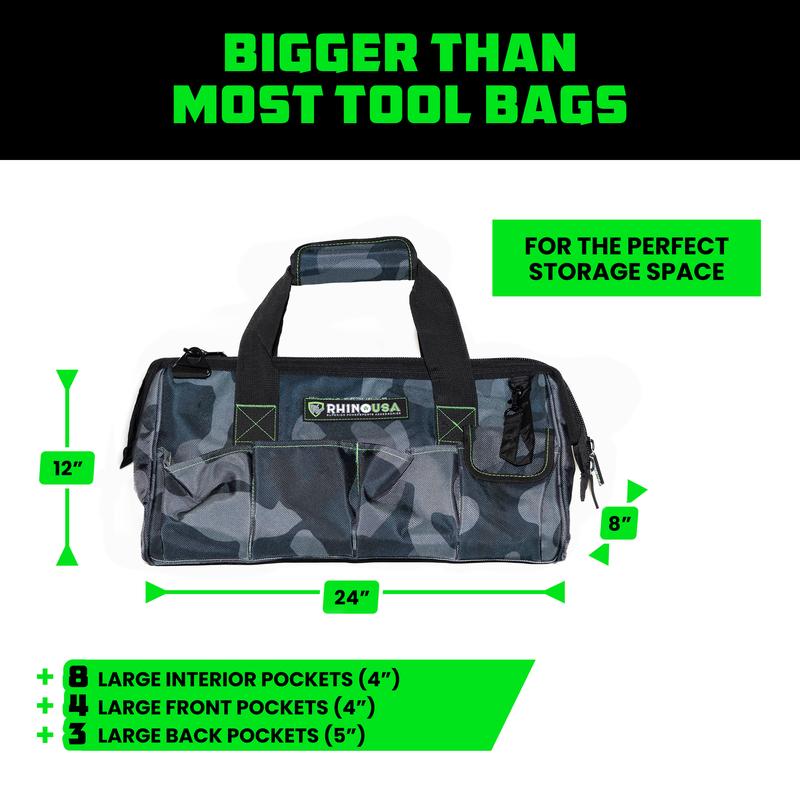 Rhino USA Heavy Duty Tool Bag Wide Mouth Tool Tote with Zipper, Large Tool Bag with Extra Side Storage Pockets, Reinforced Shoulder Strap & Metal Clips