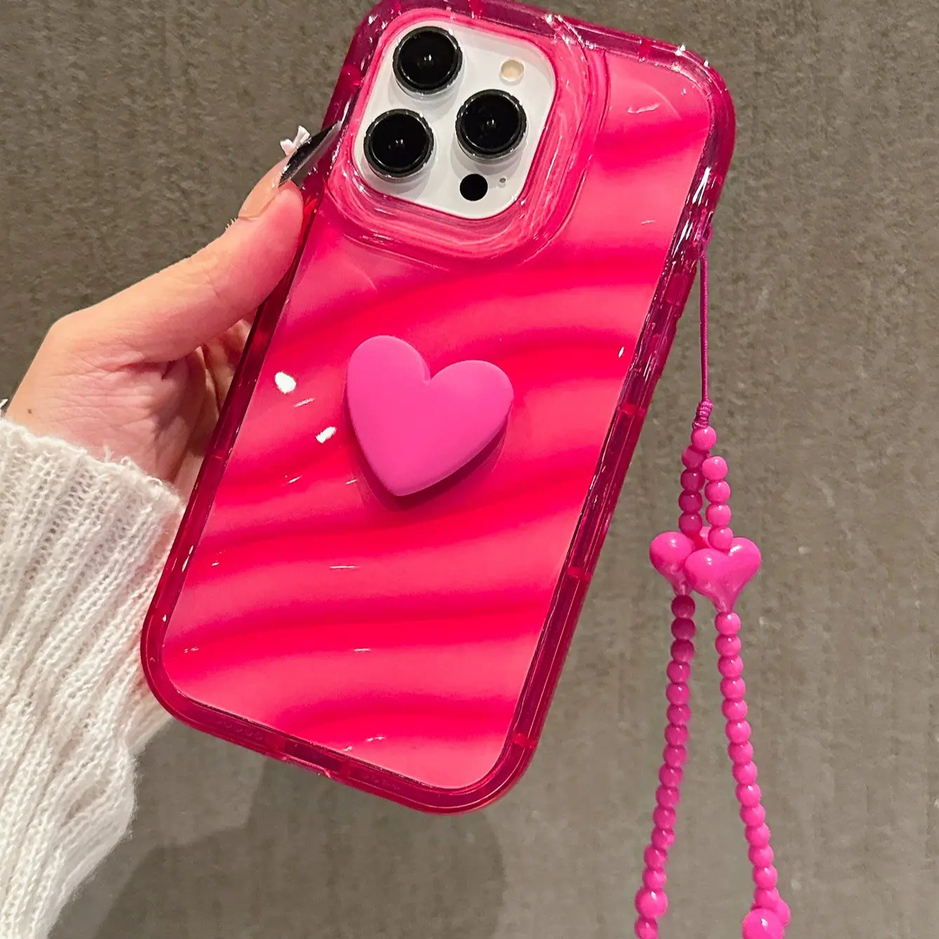 Rose 3D Heart Wave Shockproof Phone Case Cover with Fashion Strap, Compatible with Apple iPhone 11 12 13 14 15 Pro Max, Valentine's Day Gift
