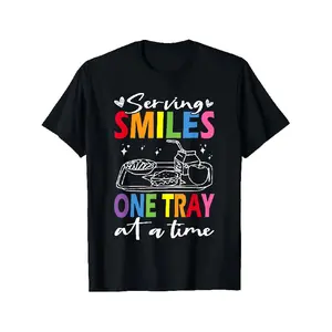 Food Service Graphic T-Shirt - "Serving Smiles One Tray At A waitress Servers Chef Cooks Apparel - Soft Breathable Cotton Tee - Black Casual Shirt for Restaurants, Birthday Parties, Casual Attire - Sizes S-XXXL", Restaurant Uniform, Playful Design, Durabl