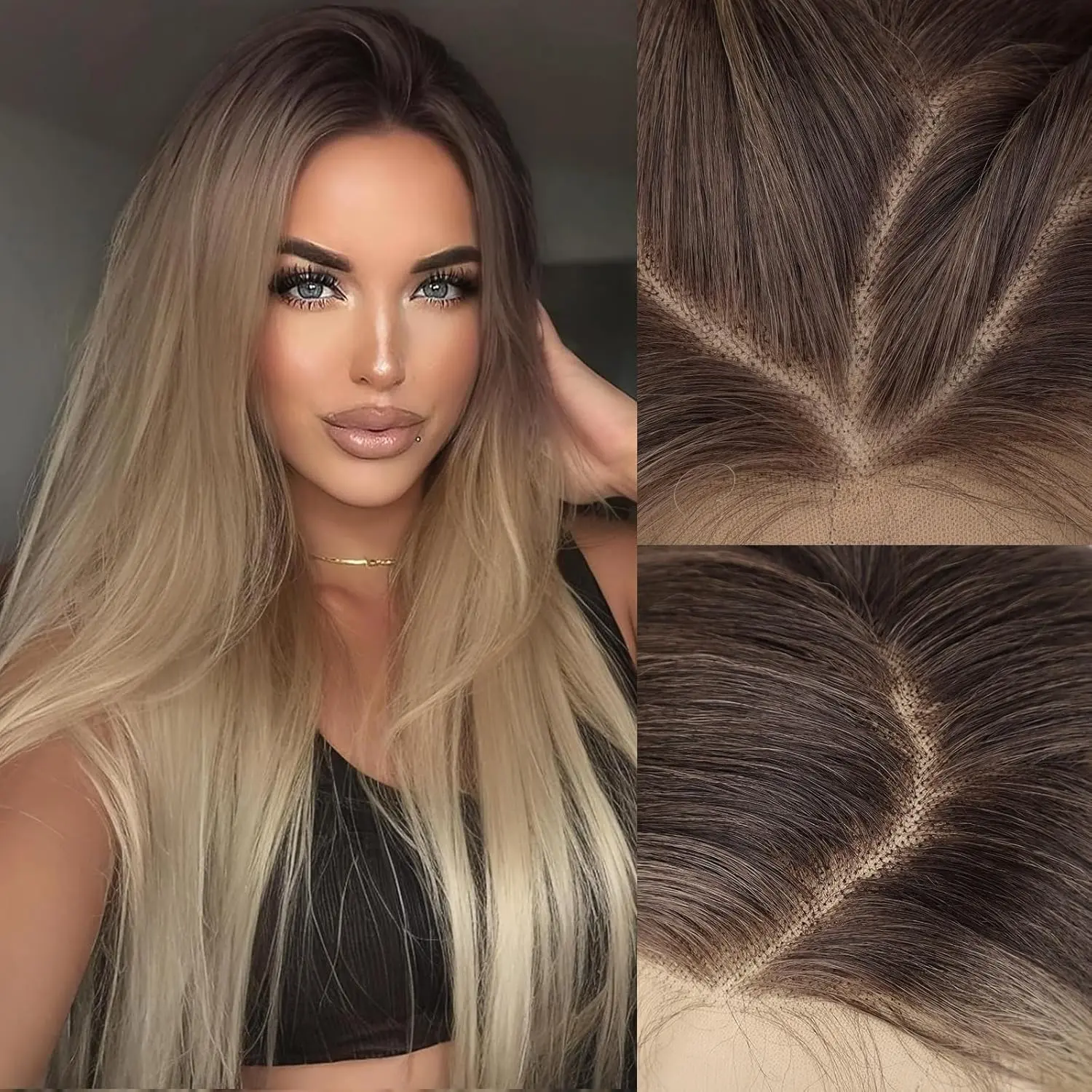 Nnzes Women's HD Glueless Straight Lace Front Wig, Synthetic Ombre Blonde Natural Daily Wig, Beginner-Friendly Pre-Plucked With Baby Hair