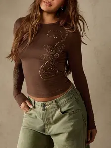 Elegant Slim-Fit Long Sleeve Top, Pearl Embellished Soft Knitted Sweater, Comfortable Casual Daily Wear for Commuting & Any Occasion
