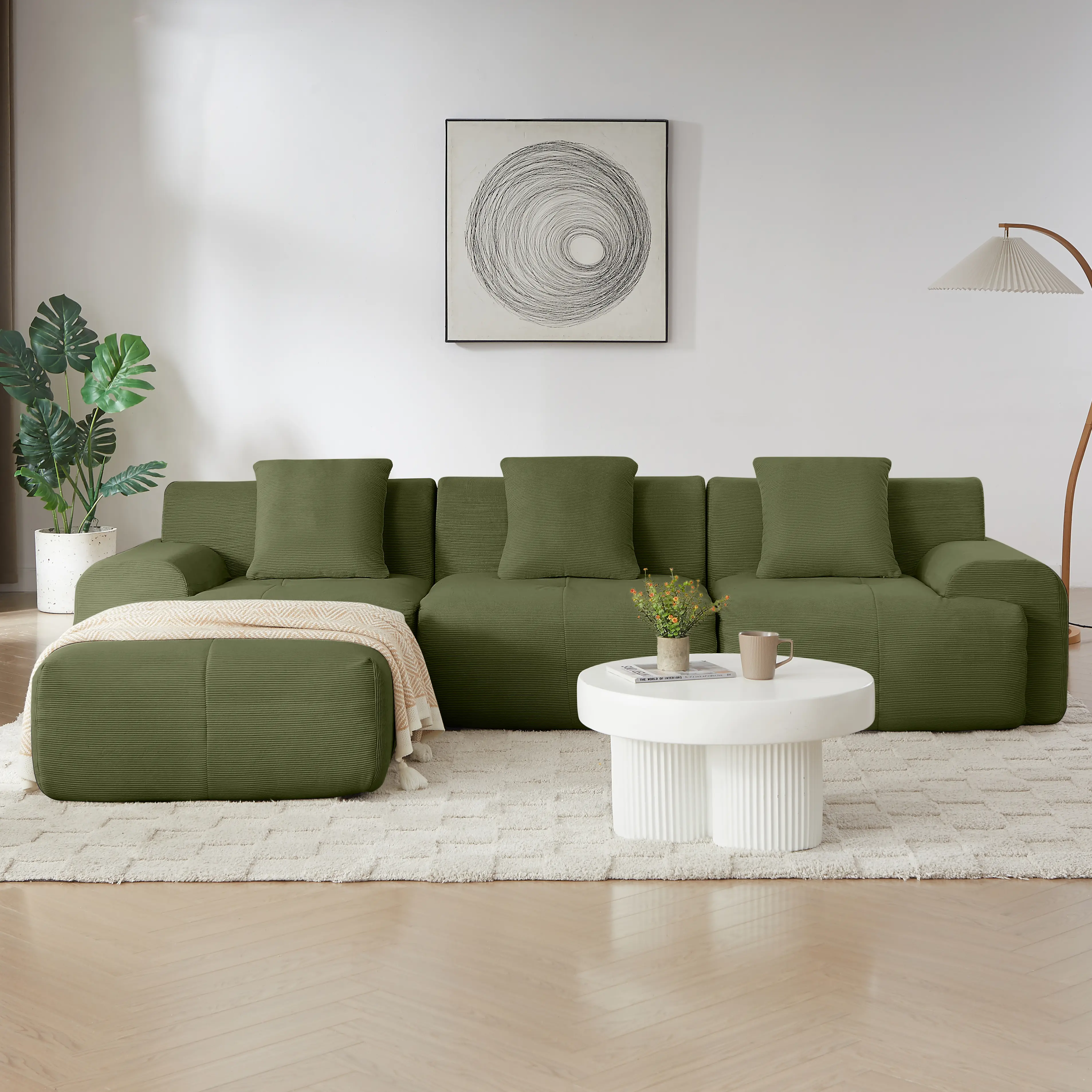 【Clearance Sale】GAVREEN 113" Modern L-Shaped Modular Sectional Sofa, Dark Gray Corduroy Upholstered Living Room Oversized 3-Seater Couch with Deep Seat and Movable Ottoman - No Assembly