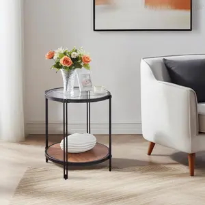 Round Glass End Table for Living Room, 2-Tier Circle Rustic Side Table with Storage, Small End Tables for Small Spaces, Ideal for Living Room, Dining Room, Tea, Home Decor with Metal Frame coffee table laptop desk for bed Living room table
