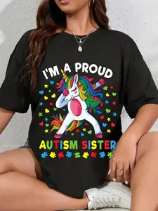 100% Cotton Autism Awareness Dabbing Unicorn Girl Proud Autism Sister T-Shirt