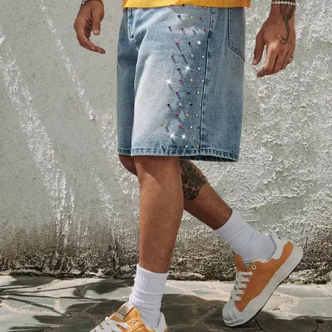 Y2K Colorful Rhinestone Washed Jean Shorts Streetwear Vintage Knee Length Hip Hop Denim Shorts Jorts