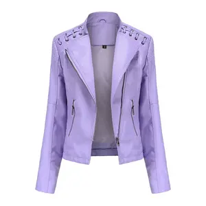 New Spring Autumn Women Faux Leather Jacket Pu Motorcycle Biker Purple Coat Slim Zipper Motorcycles Locomotive Outerwear 4XL