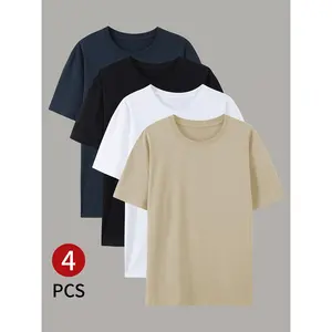 4pcs Men'S Heavyweight T-Shirts |   Soft Breathable Crew Neck Short Sleeve, Black/White/Beige, Casual Everyday Tops Suitable for Office, Gym, Outings tee