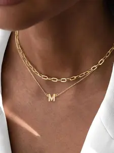 Women's Zirconia Initial Necklace Set, Stainless Steel Multi-Layer Chain, Elegant Fashion Jewelry for All Seasons, Letter Necklace, Multilayer Necklace