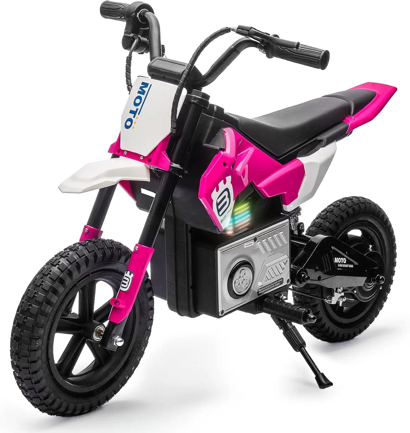 24V High-Power System Kids' Electric Dirt Bike - 200W Motor Steel Motorcycle for 5-12 Year-Olds, 110 lbs Capacity, 3-9MPH Adjustable Speed, LED Breath Lamp, Bluetooth, Music, Horn, Pink
