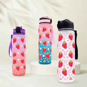 Cartoon Strawberry Pattern Water Bottle, 1 Count 32oz Leakproof Water Bottle with Strap, Drinking Cup for Home Office School Outdoor Camping, Drinkware