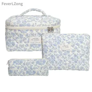 Vanity  makeup  bag Floral Makeup Bag, 3 Pack Large Cotton Quilted Makeup Bag Set, Cute Floral Coquette Aesthetic Toiletry Make Up for Women,  Up Organizer Bag