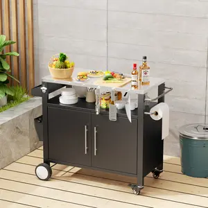 Hardware Two Doors Outdoor Grill Cart with Patio Furniture, Outdoor Grill Table with Storage,Rolling Bar Cart Outdoor BBQ Cart with  Hooks and Spice Rack for Grilling Accessories, Black