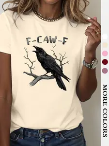 Women's Raven & Feather Print Round Neck Tee, Fashion Casual Crew Neck Slim T-shirt for Daily Holiday Vacation Outdoor Wear, Ladies Clothes for All Seasons, Streetwear, Womenswear
